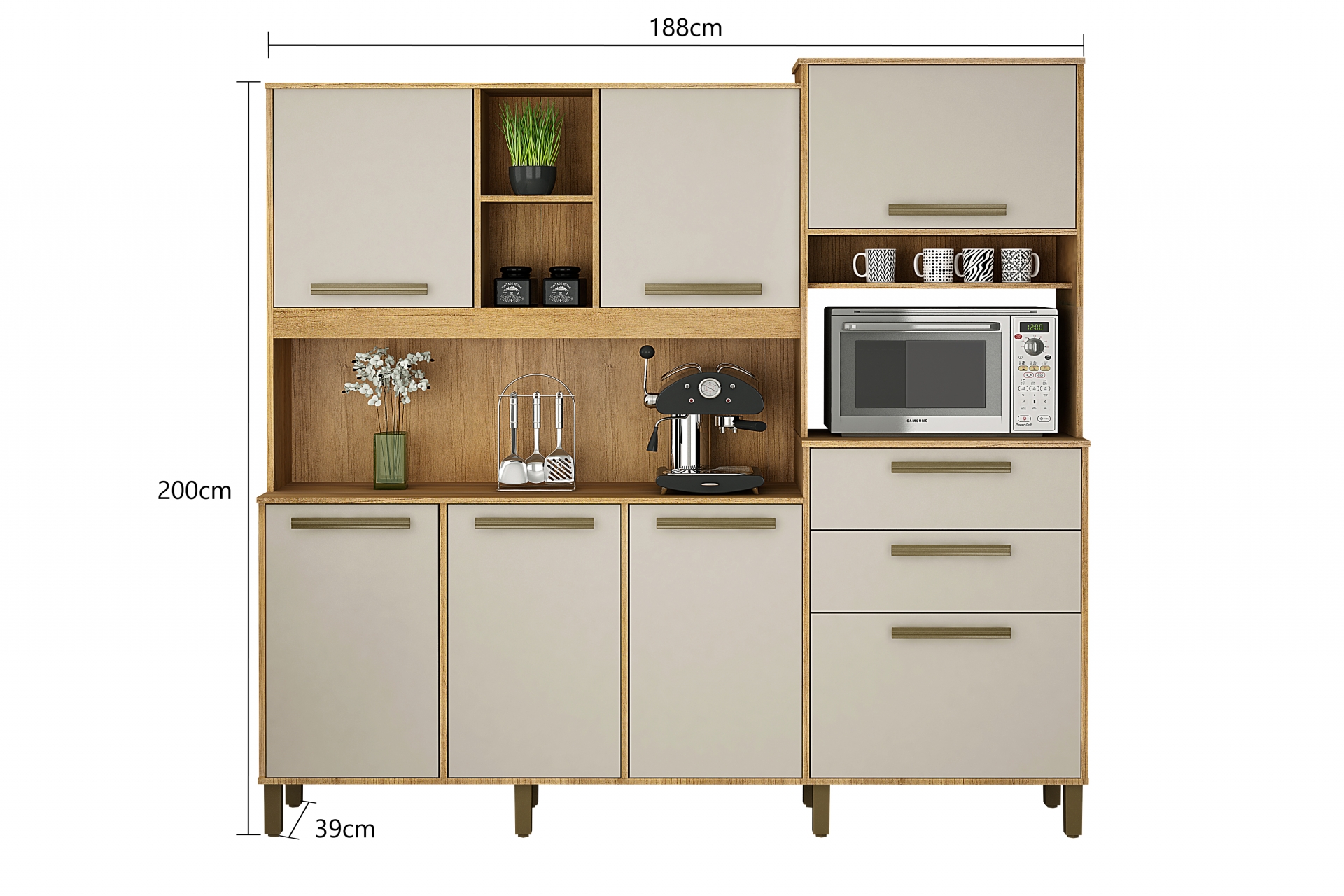Armario de Cozinha Completa Sena 7 Portas 2 Gavetas Valdemoveis Cinamomo/Off White