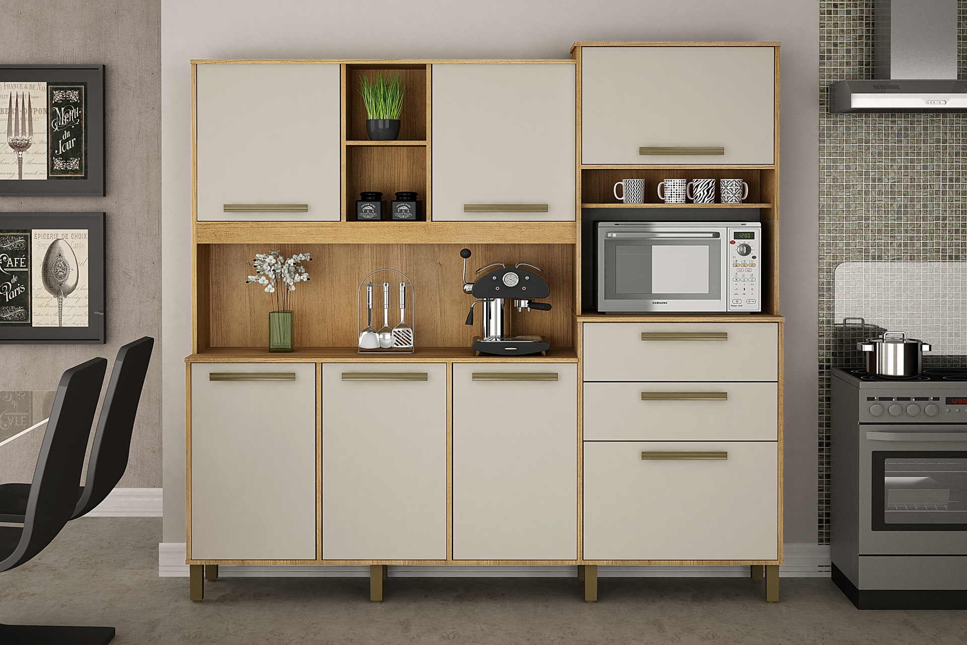 Armario de Cozinha Completa Sena 7 Portas 2 Gavetas Valdemoveis Cinamomo/Off White