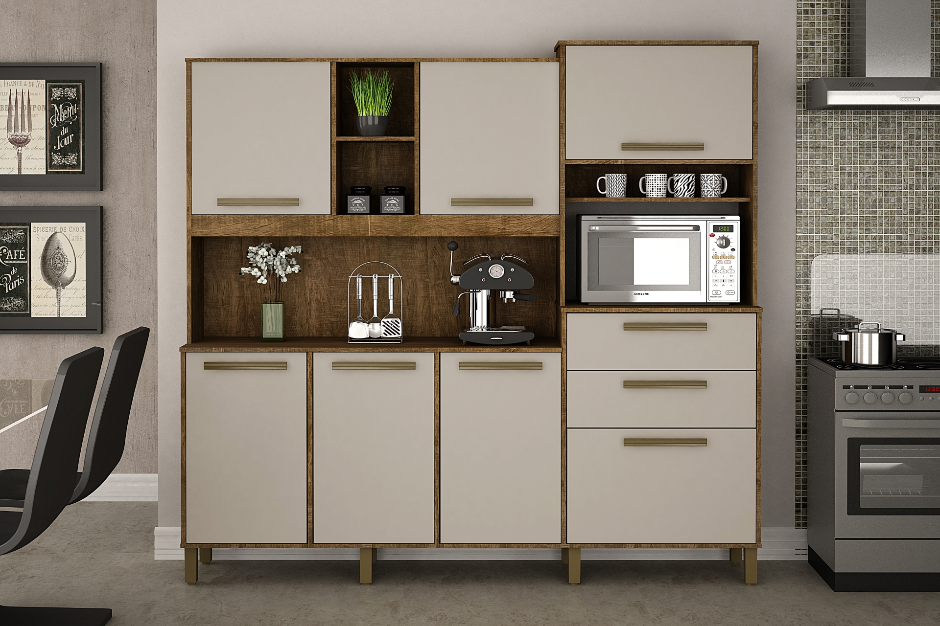 Armario de Cozinha Completa Sena 7 Portas 2 Gavetas Valdemoveis Ipê/Off White