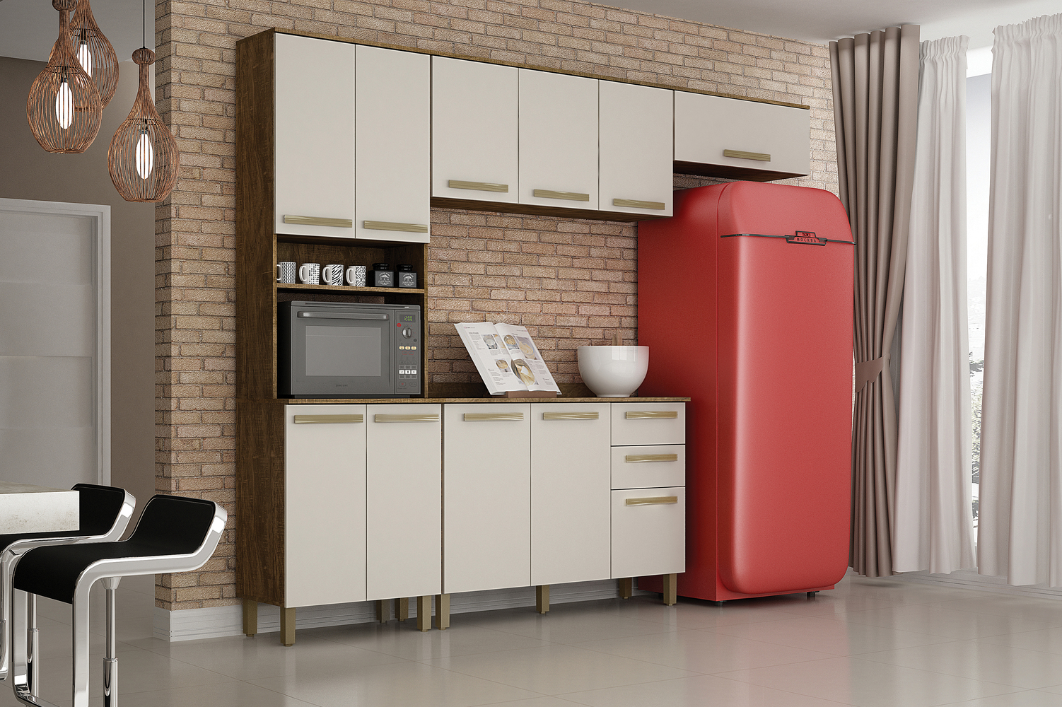 Cozinha Compacta 4 Peças 11 Portas Alpes Valdemoveis Ipê/Off White