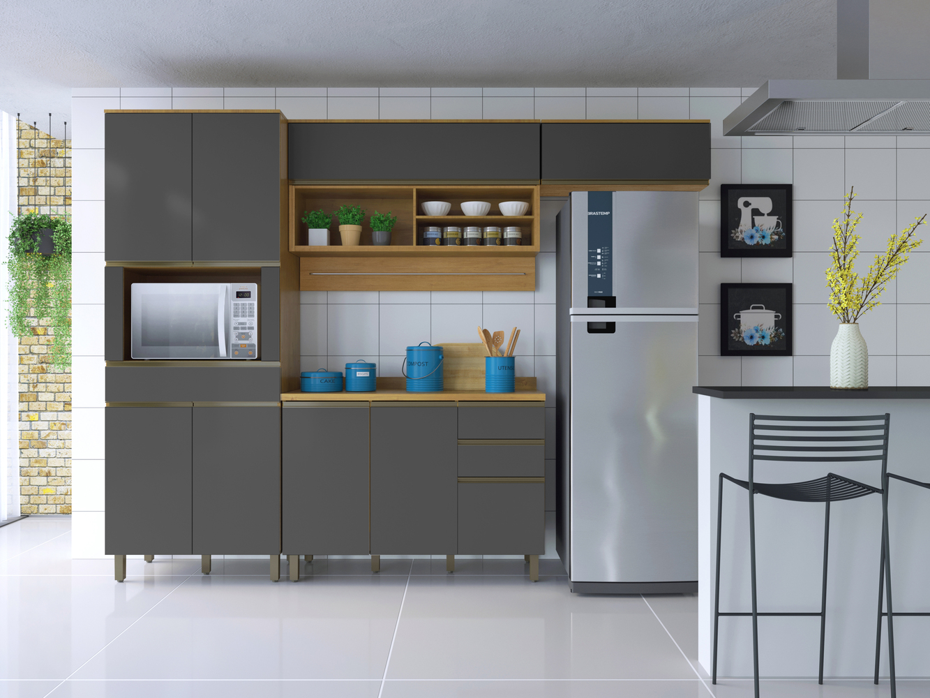 Cozinha Compacta 4 Peças Turquesa Valdemoveis Cinamomo/Grafite