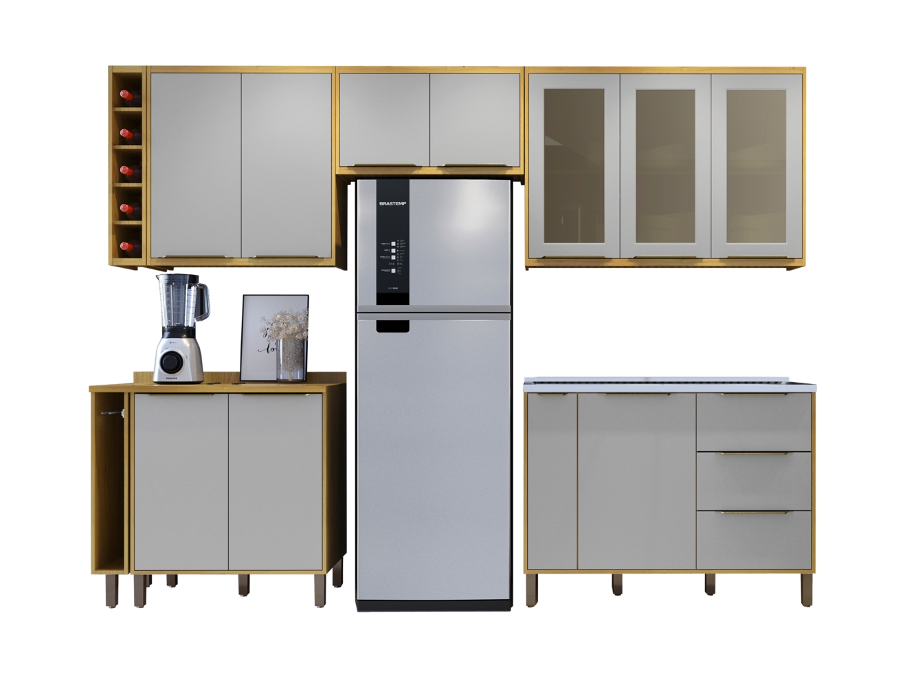 Cozinha Completa 6 Peças Detalhe Vidro Itália Valdemóveis - Conj. Toalheiro c/ Nicho Adega - Aereo Geladeira - Aereo 3 pts com Vidro - Balcao 3 gvts p/ Pia Cinamomo/Off White