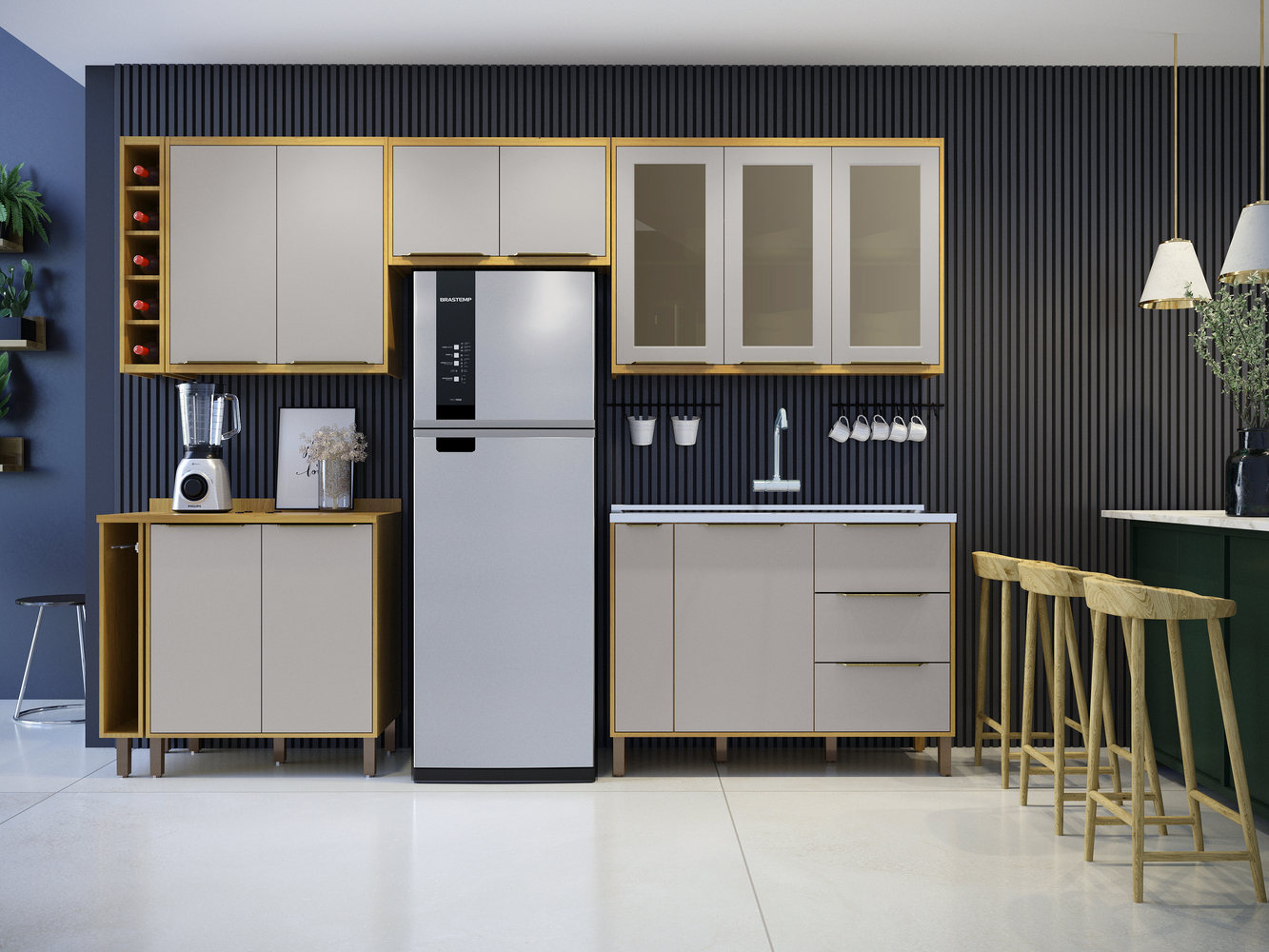 Cozinha Completa 6 Peças Detalhe Vidro Itália Valdemóveis - Conj. Toalheiro c/ Nicho Adega - Aereo Geladeira - Aereo 3 pts com Vidro - Balcao 3 gvts p/ Pia Cinamomo/Off White