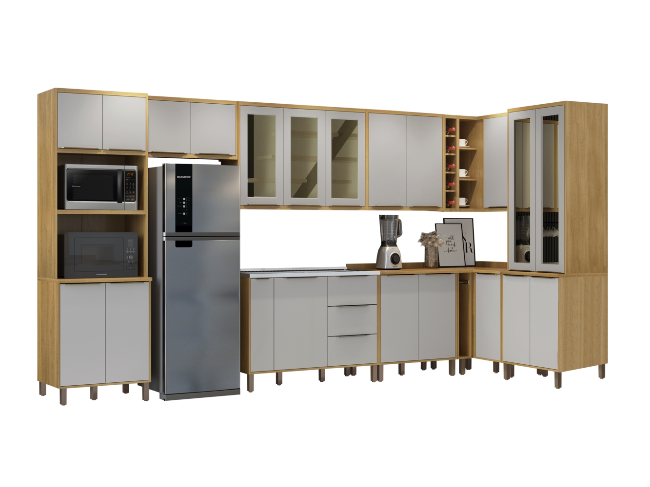 Cozinha Completa 9 Peças Detalhe Vidro Italia Valdemoveis Cinamomo/Off White