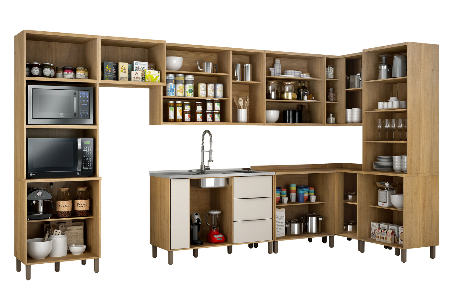 Cozinha Completa 9 Peças Detalhe Vidro Italia Valdemoveis Cinamomo/Off White
