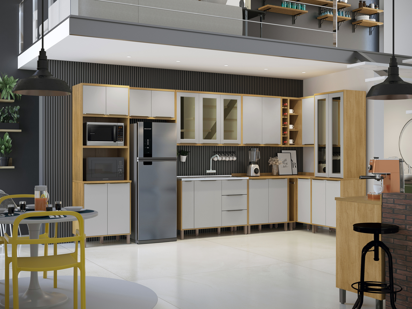 Cozinha Completa 9 Peças Detalhe Vidro Italia Valdemoveis Cinamomo/Off White