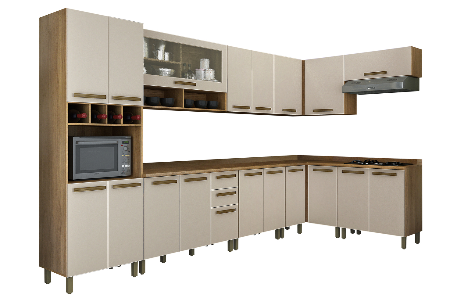 Cozinha Completa Pérola 350cm 8 Peças 19 Portas 2 Gavetas Valdemoveis  Cinamomo/Off White