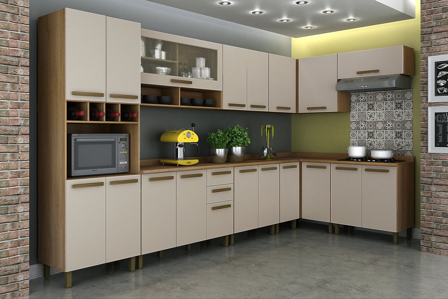Cozinha Completa Pérola 350cm 8 Peças 19 Portas 2 Gavetas Valdemoveis  Cinamomo/Off White