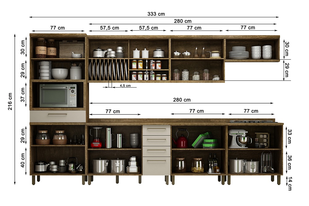 Cozinha Completa Tarantela 7 Peças 14 Portas 4 Gavetas Valdemoveis Cinamomo/Off White