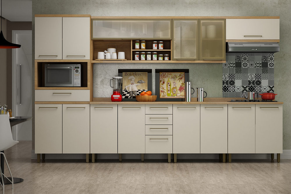 Cozinha Completa Tarantela 7 Peças 14 Portas 4 Gavetas Valdemoveis Cinamomo/Off White
