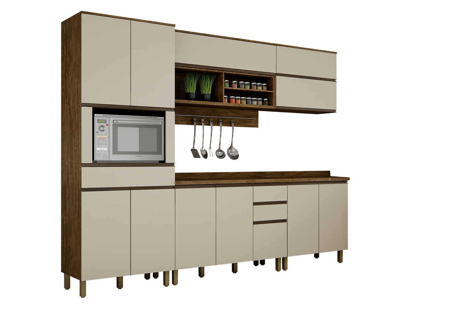 Cozinha Completa Turquesa 5 peças 12 portas 03 gavetas Valdemoveis Ipê/Off White