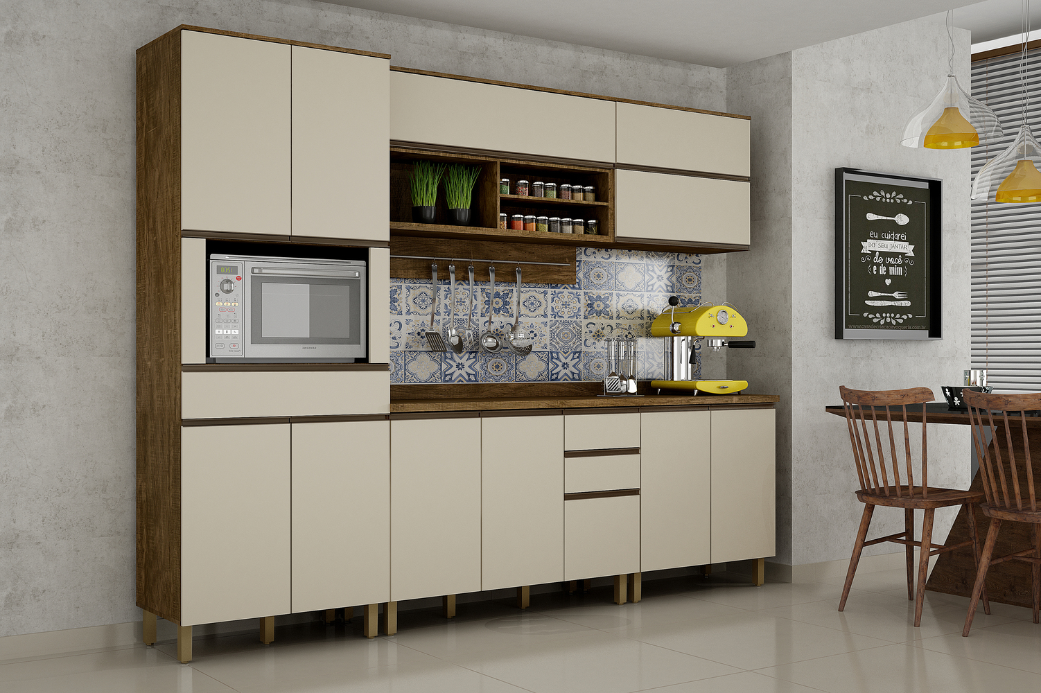 Cozinha Completa Turquesa 5 peças 12 portas 03 gavetas Valdemoveis Ipê/Off White