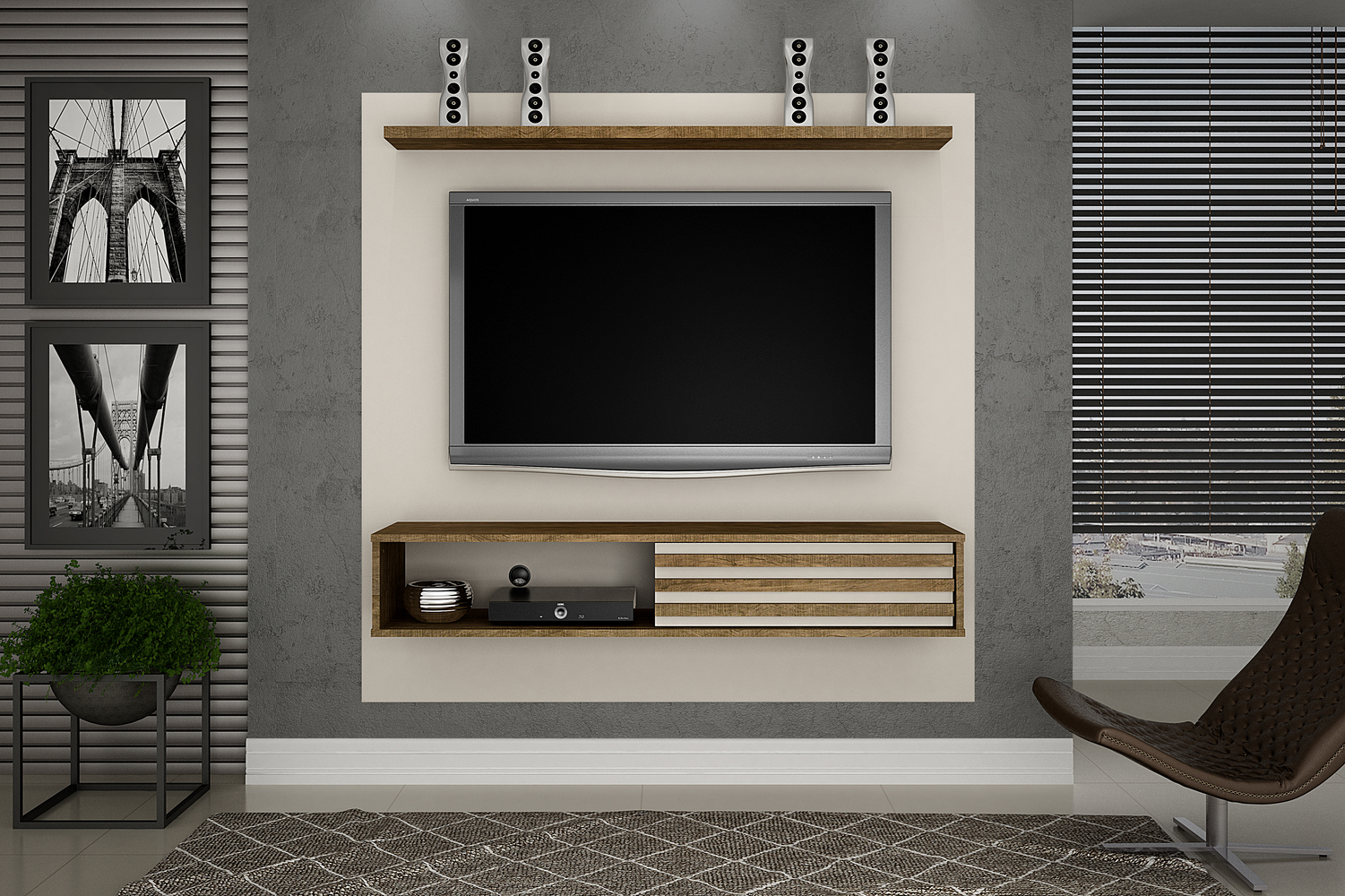 Painel Arizona Para Tv Até 50 Polegadas Com Porta De Correr Valdemoveis Off White/Ipê