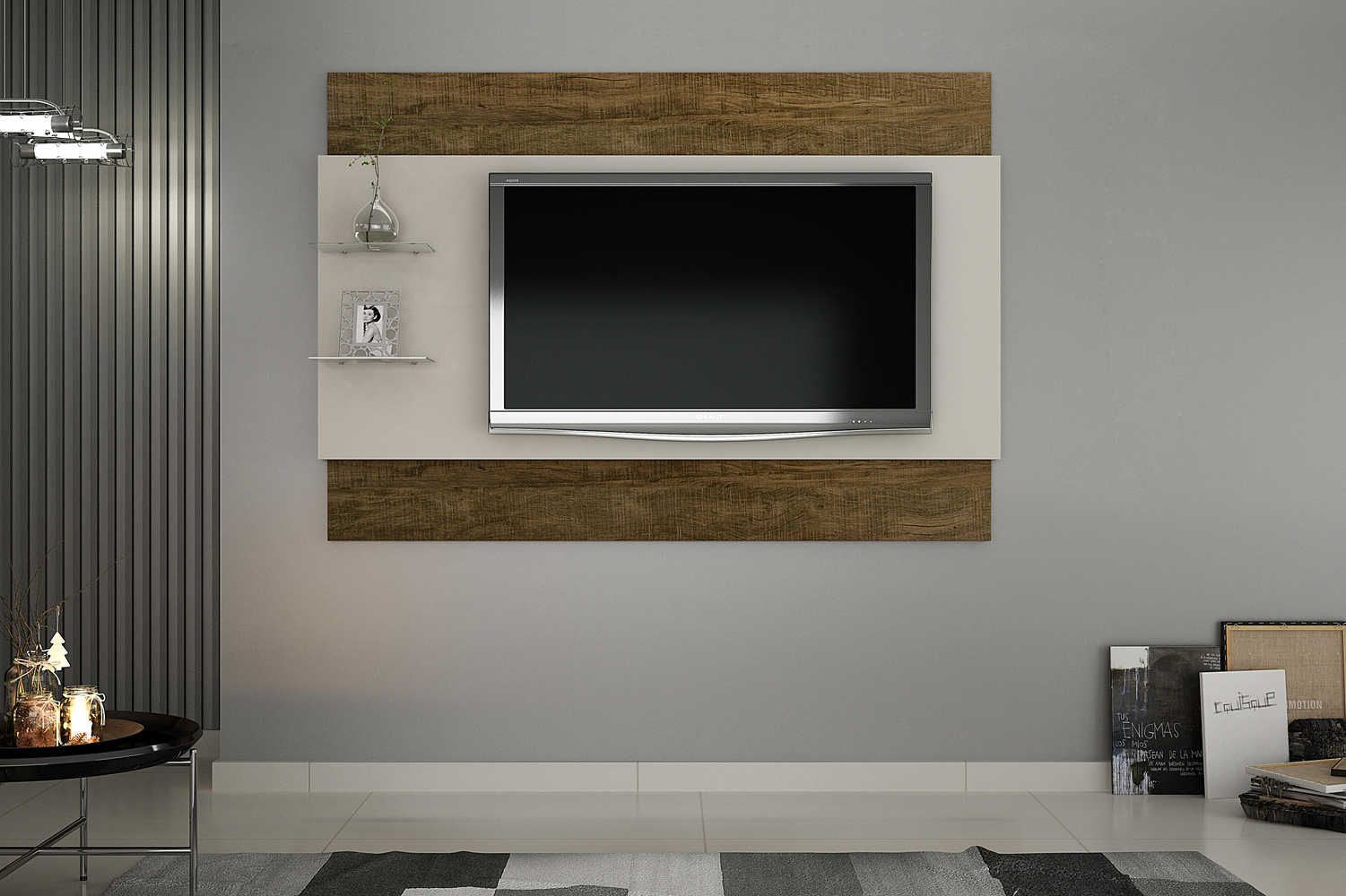Painel para TV ate 65 Polegadas 2 Prateleiras Turim Valdemoveis Off White/Ipê