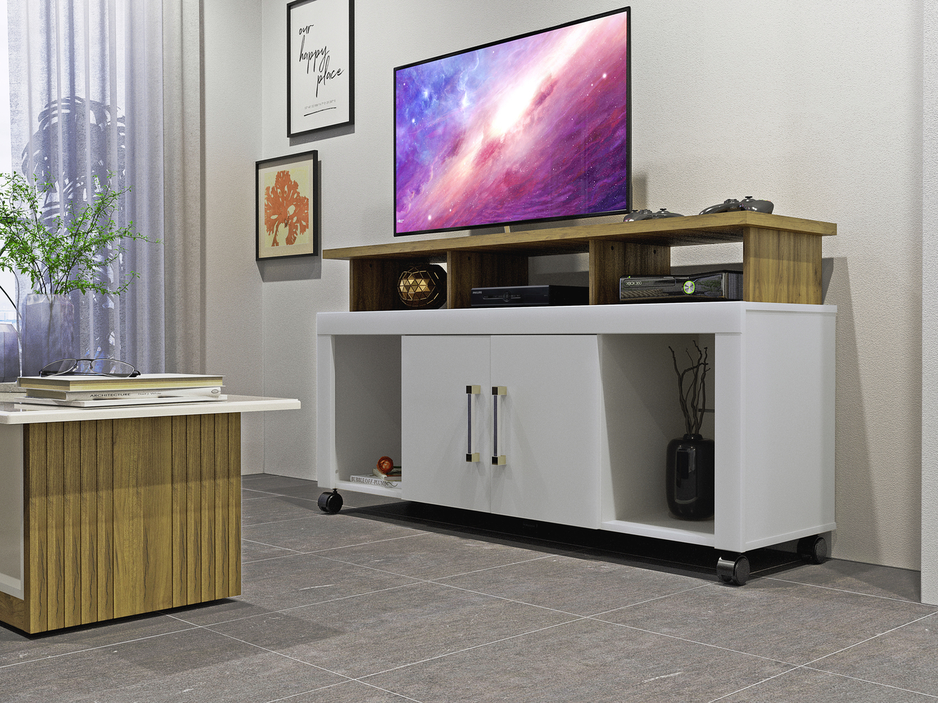 Rack para TV ate 47 Polegadas Espanha Valdemoveis Off White/Cinamomo