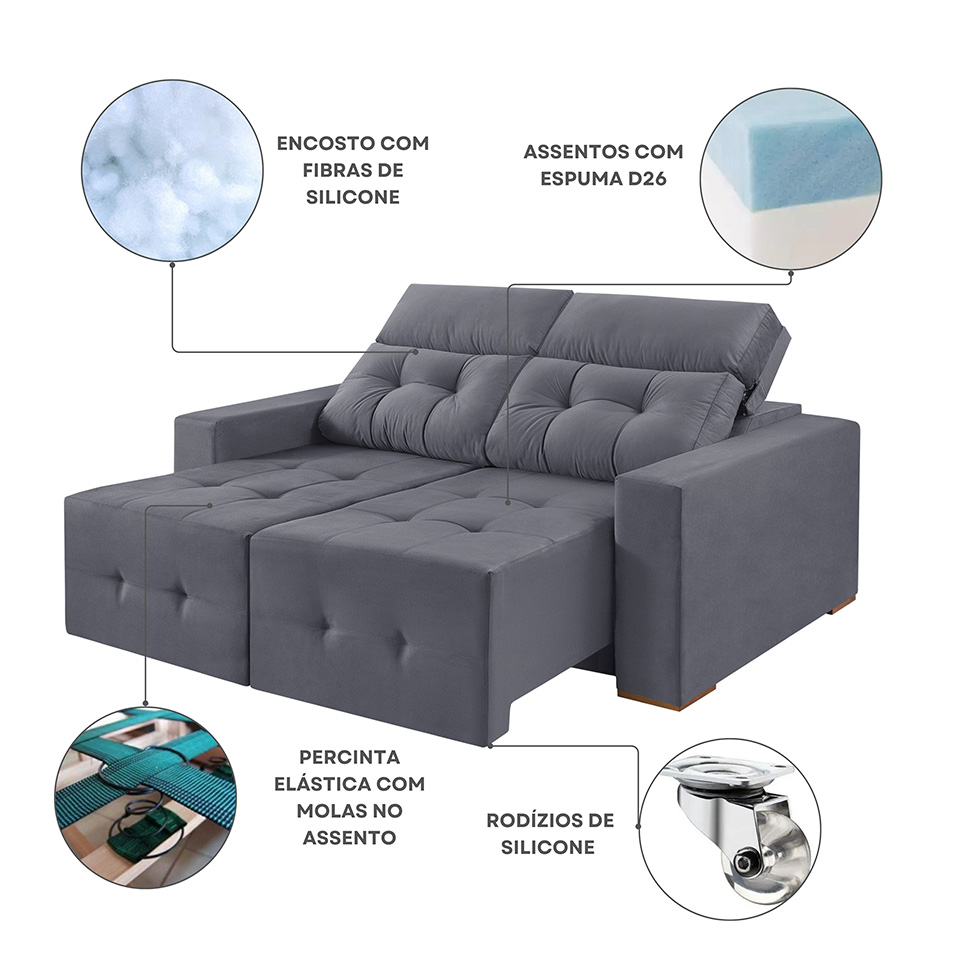 Sofá 3 Lugares Retrátil e Reclinável Roma Suede Cinza