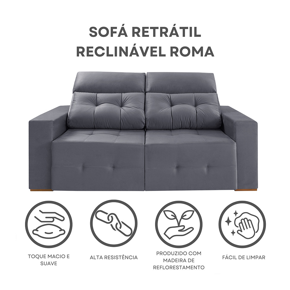 Sofá 3 Lugares Retrátil e Reclinável Roma Suede Cinza