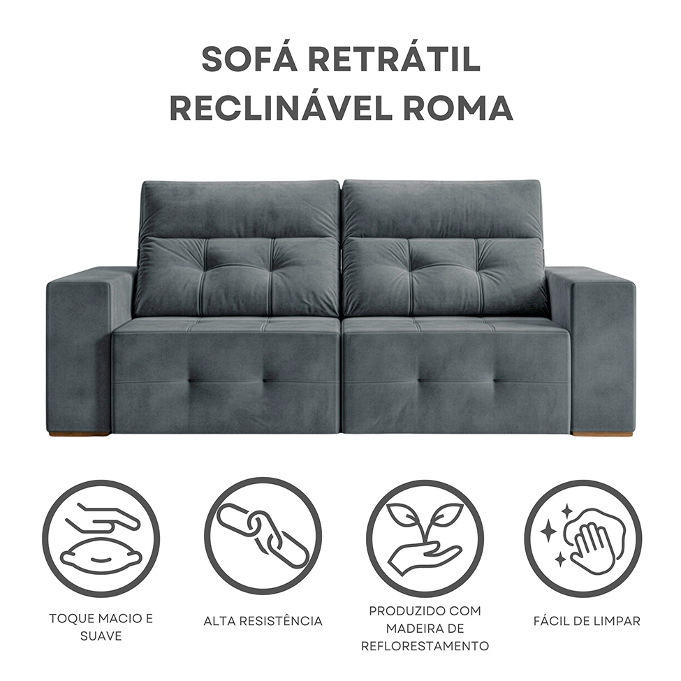 Sofá 3 Lugares Retrátil e Reclinável Roma Suede Cinza