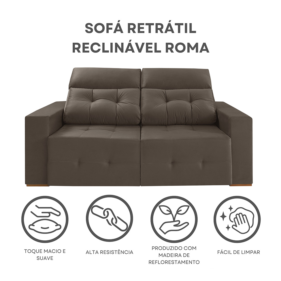 Sofá 3 Lugares Retrátil e Reclinável Roma Suede Marrom