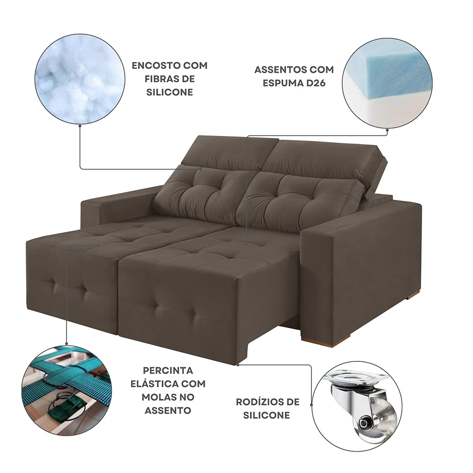 Sofá 3 Lugares Retrátil e Reclinável Roma Suede Marrom