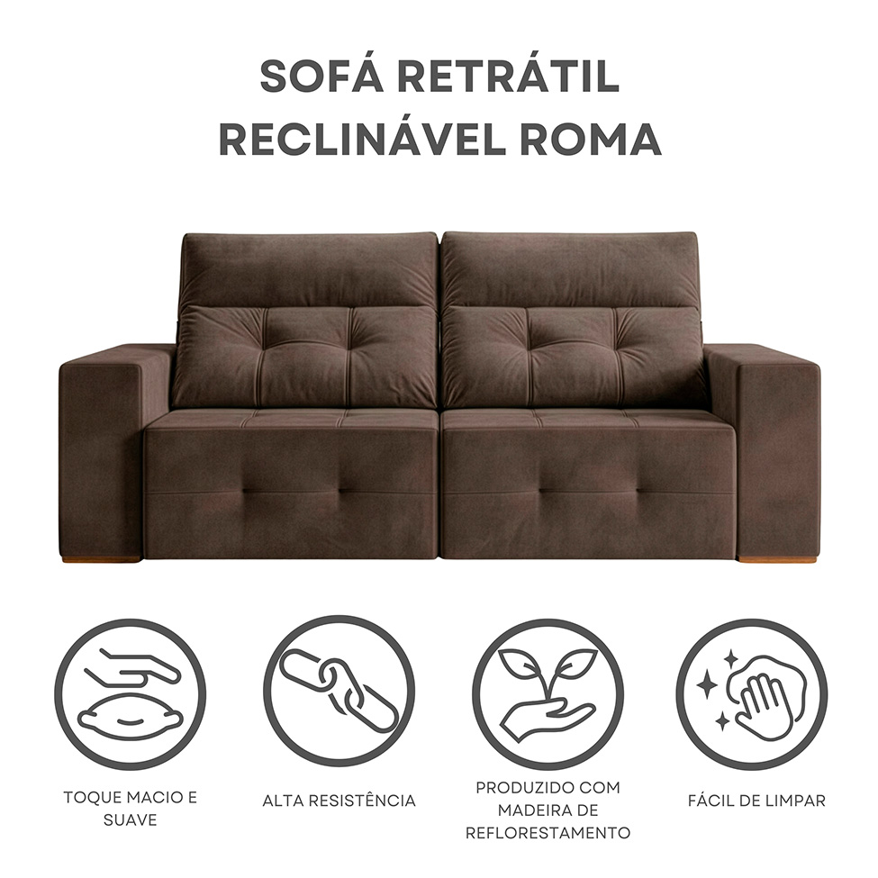 Sofá 3 Lugares Retrátil e Reclinável Roma Suede Marrom