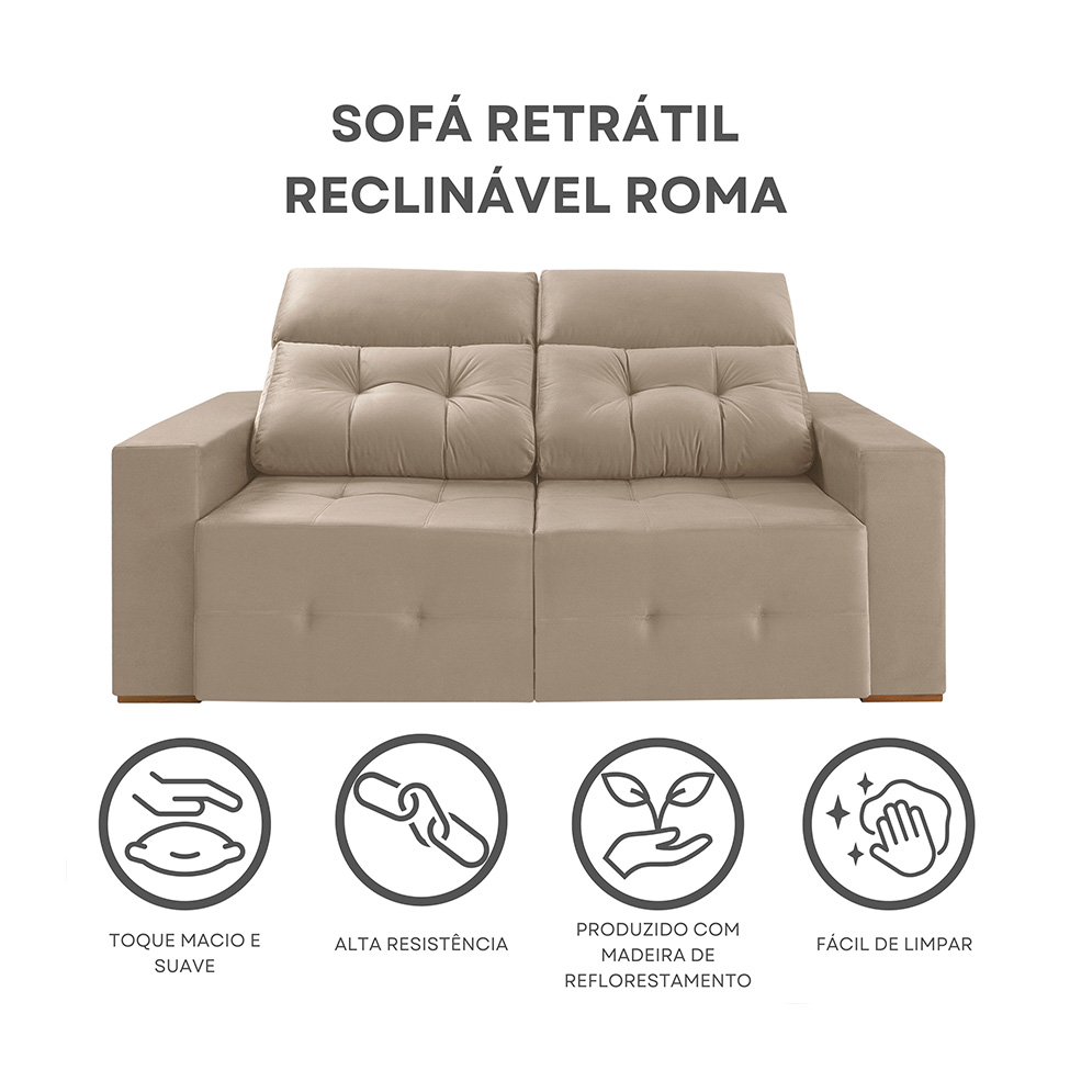 Sofá 4 Lugares Retrátil e Reclinável Roma Suede Bege