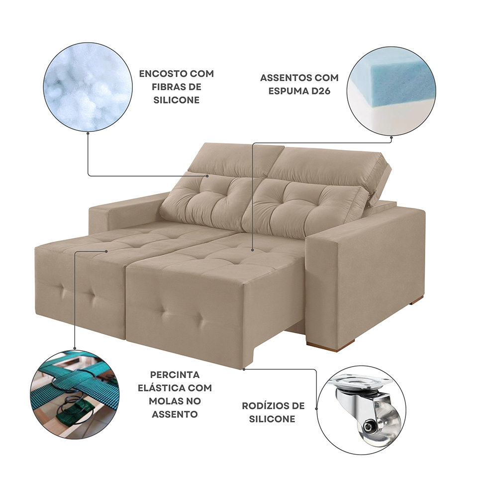 Sofá 4 Lugares Retrátil e Reclinável Roma Suede Bege