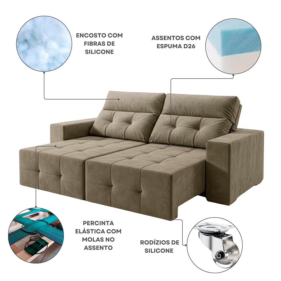 Sofá 4 Lugares Retrátil e Reclinável Roma Suede Bege