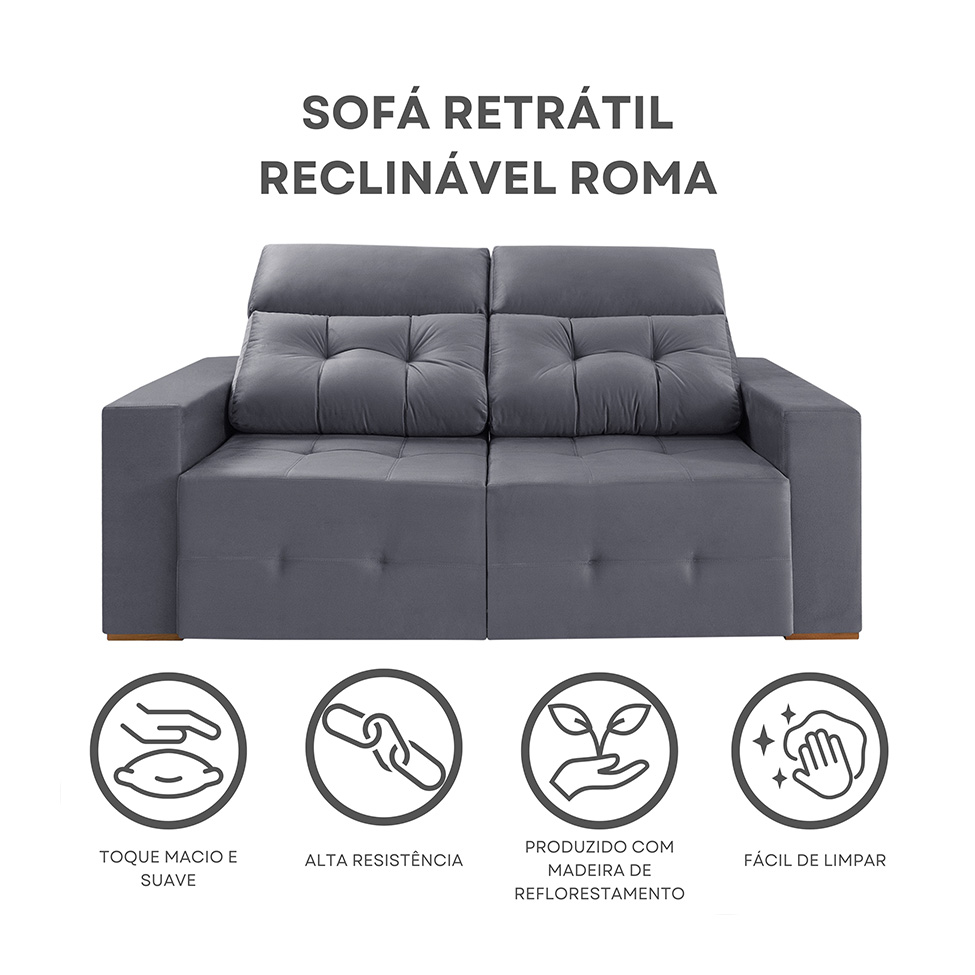 Sofá 4 Lugares Retrátil e Reclinável Roma Suede Cinza