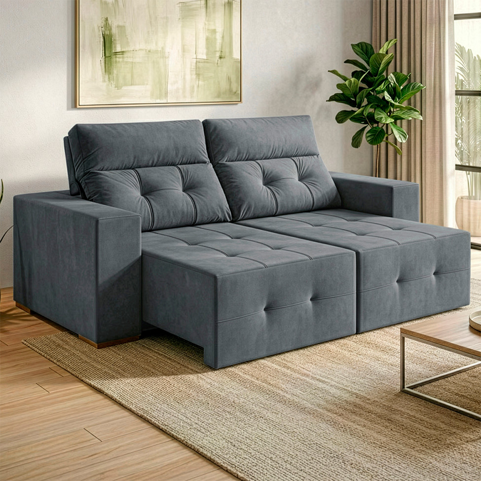 Sofá 4 Lugares Retrátil e Reclinável Roma Suede Cinza