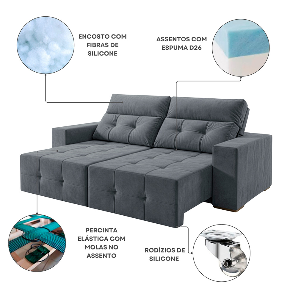 Sofá 4 Lugares Retrátil e Reclinável Roma Suede Cinza