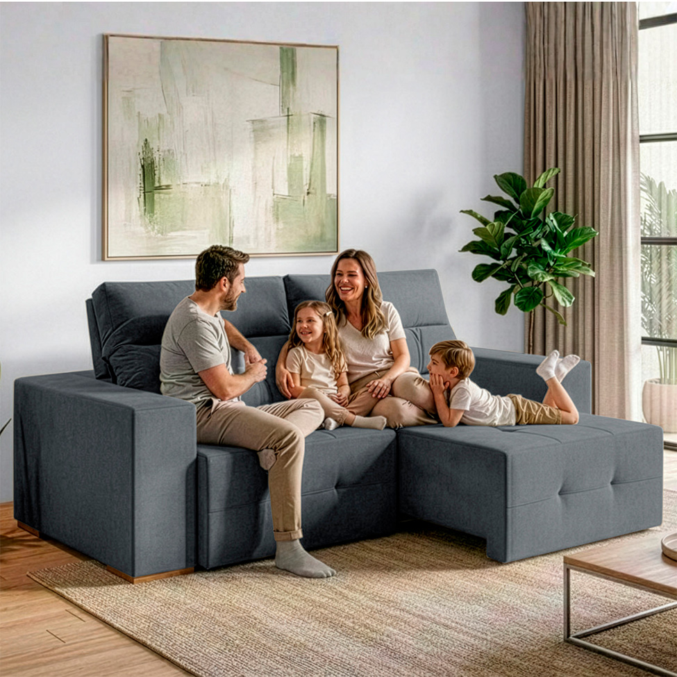 Sofá 4 Lugares Retrátil e Reclinável Roma Suede Cinza
