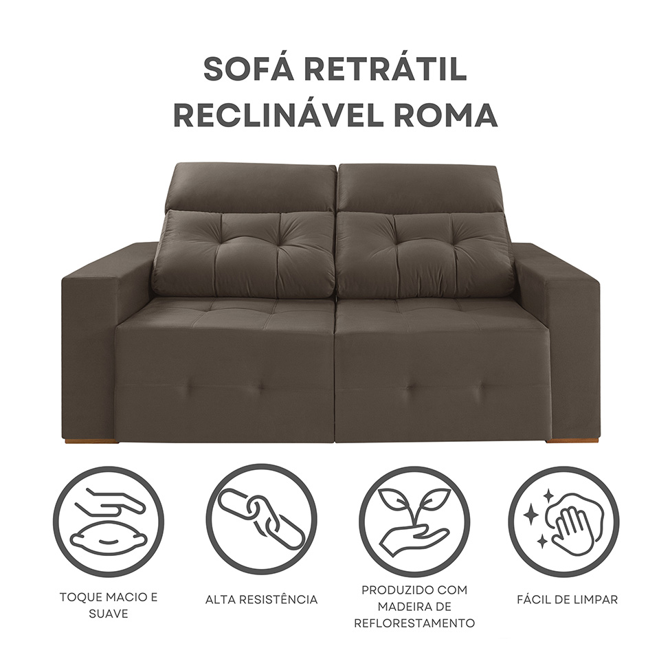 Sofá 4 Lugares Retrátil e Reclinável Roma Suede Marrom