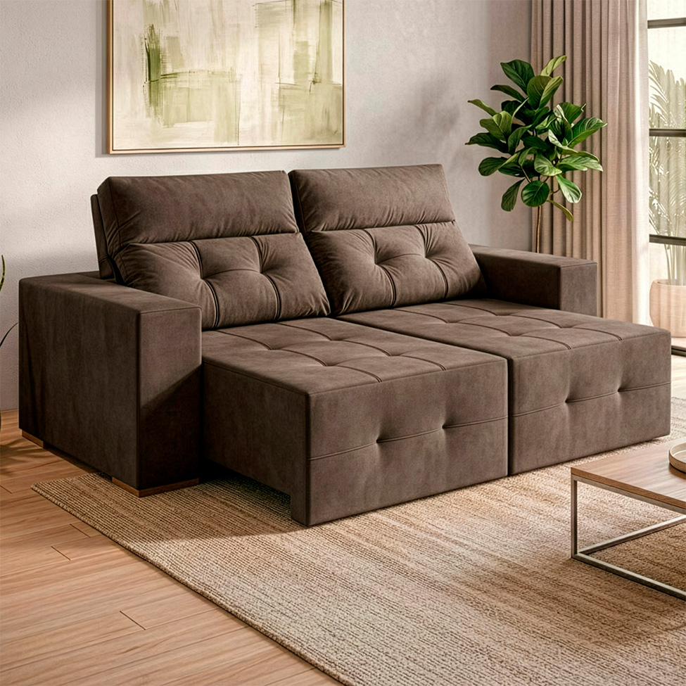 Sofá 4 Lugares Retrátil e Reclinável Roma Suede Marrom