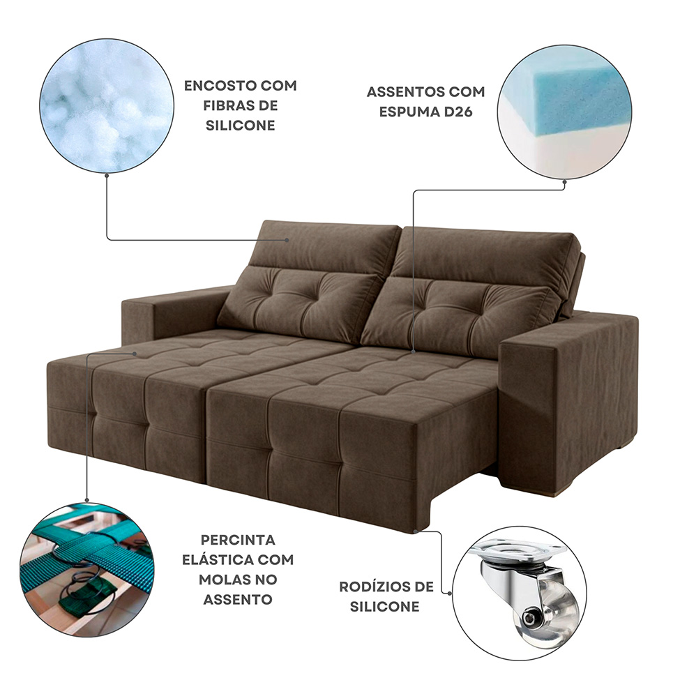 Sofá 4 Lugares Retrátil e Reclinável Roma Suede Marrom