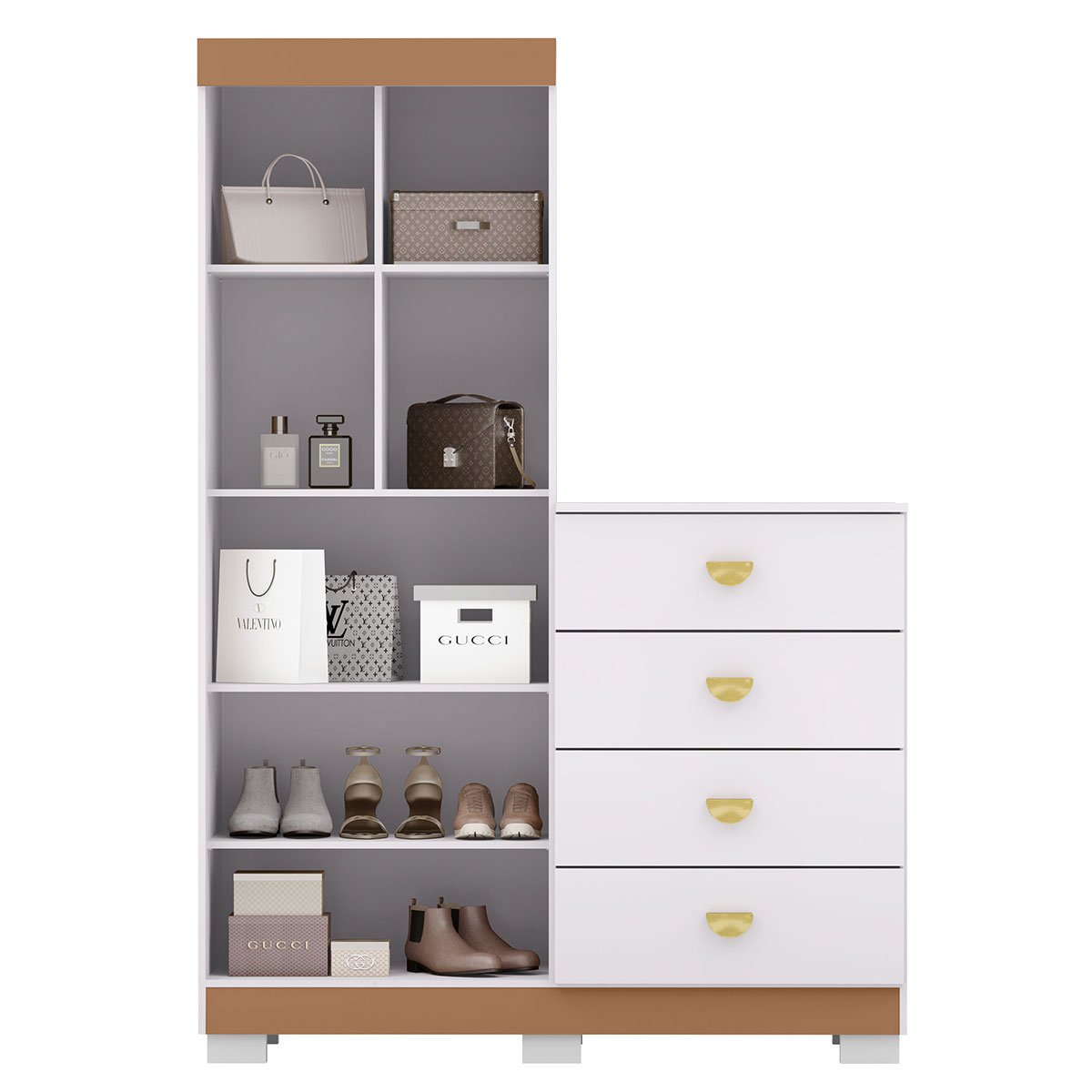 Cômoda Guarda-Roupa com 4 Gavetas e 5 Prateleiras Cristine Branco/Camarim