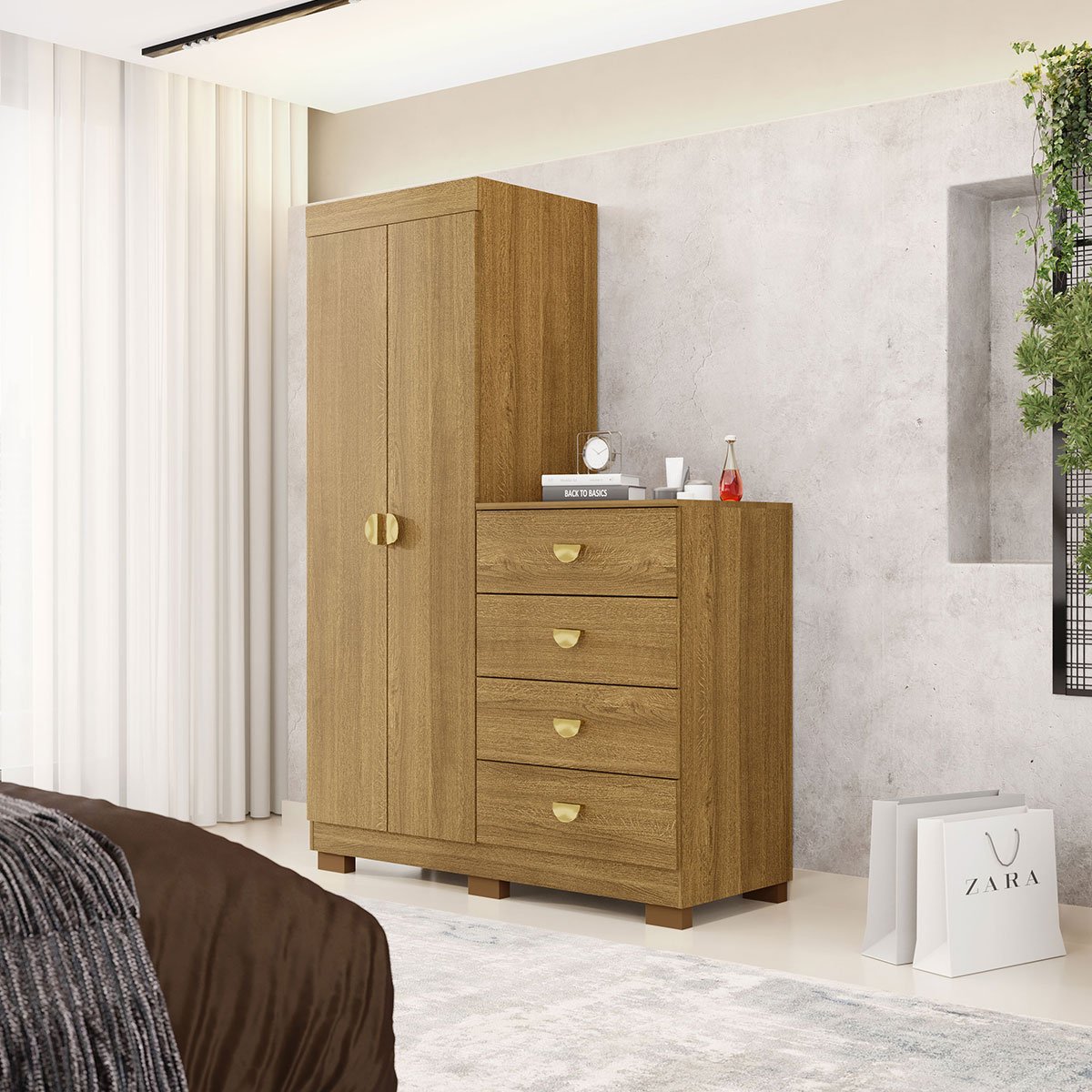 Cômoda Guarda-Roupa com 4 Gavetas e 5 Prateleiras Cristine Nature