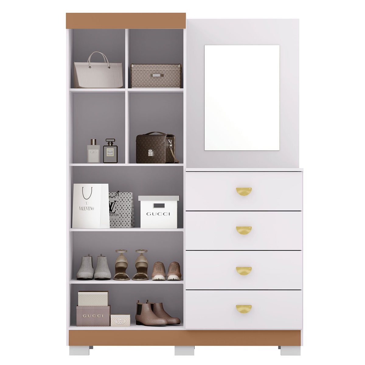 Cômoda Guarda-Roupa com 4 Gavetas e 5 Prateleiras com Espelho Cristine Branco/Camarim