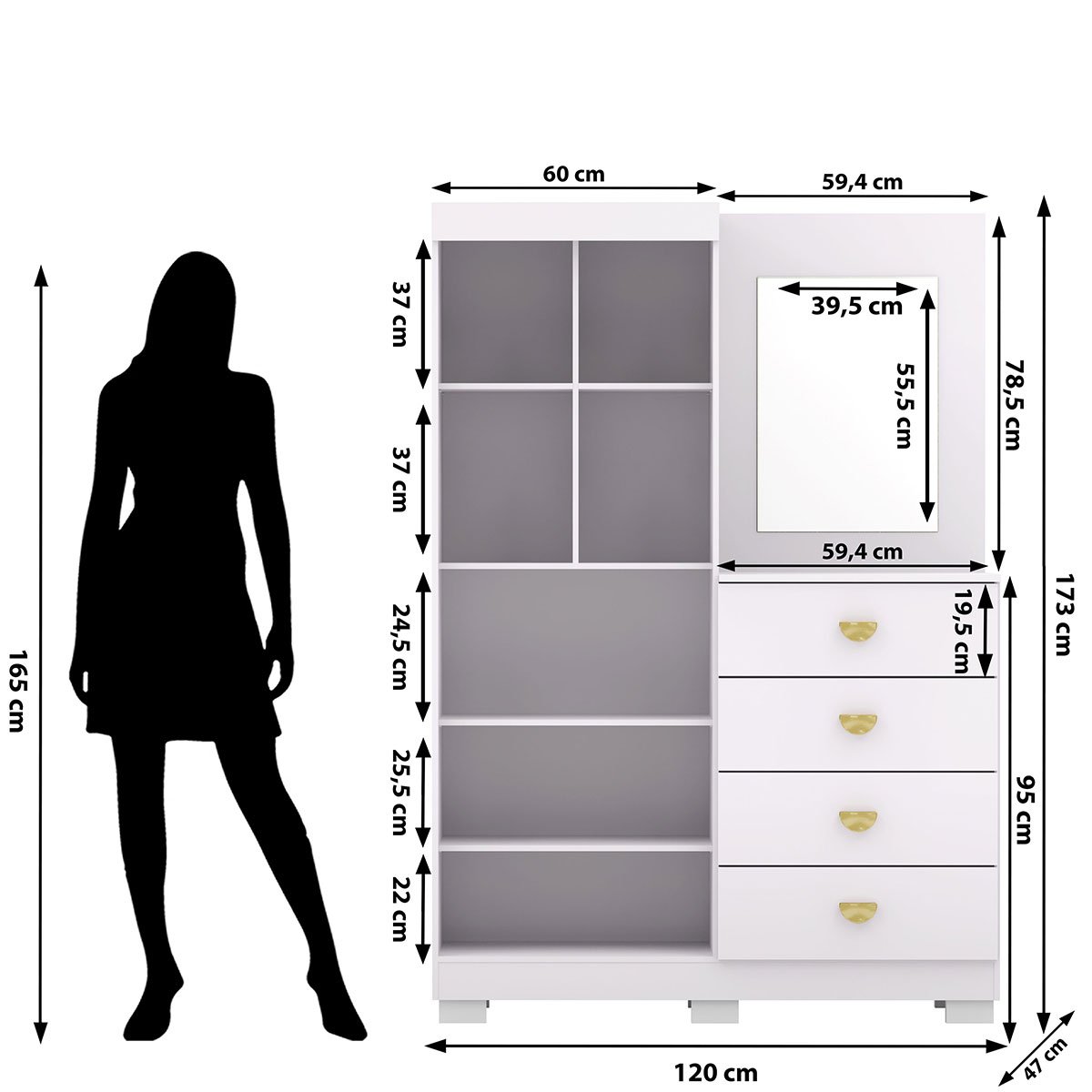 Cômoda Guarda-Roupa com 4 Gavetas e 5 Prateleiras com Espelho Cristine Branco/Camarim
