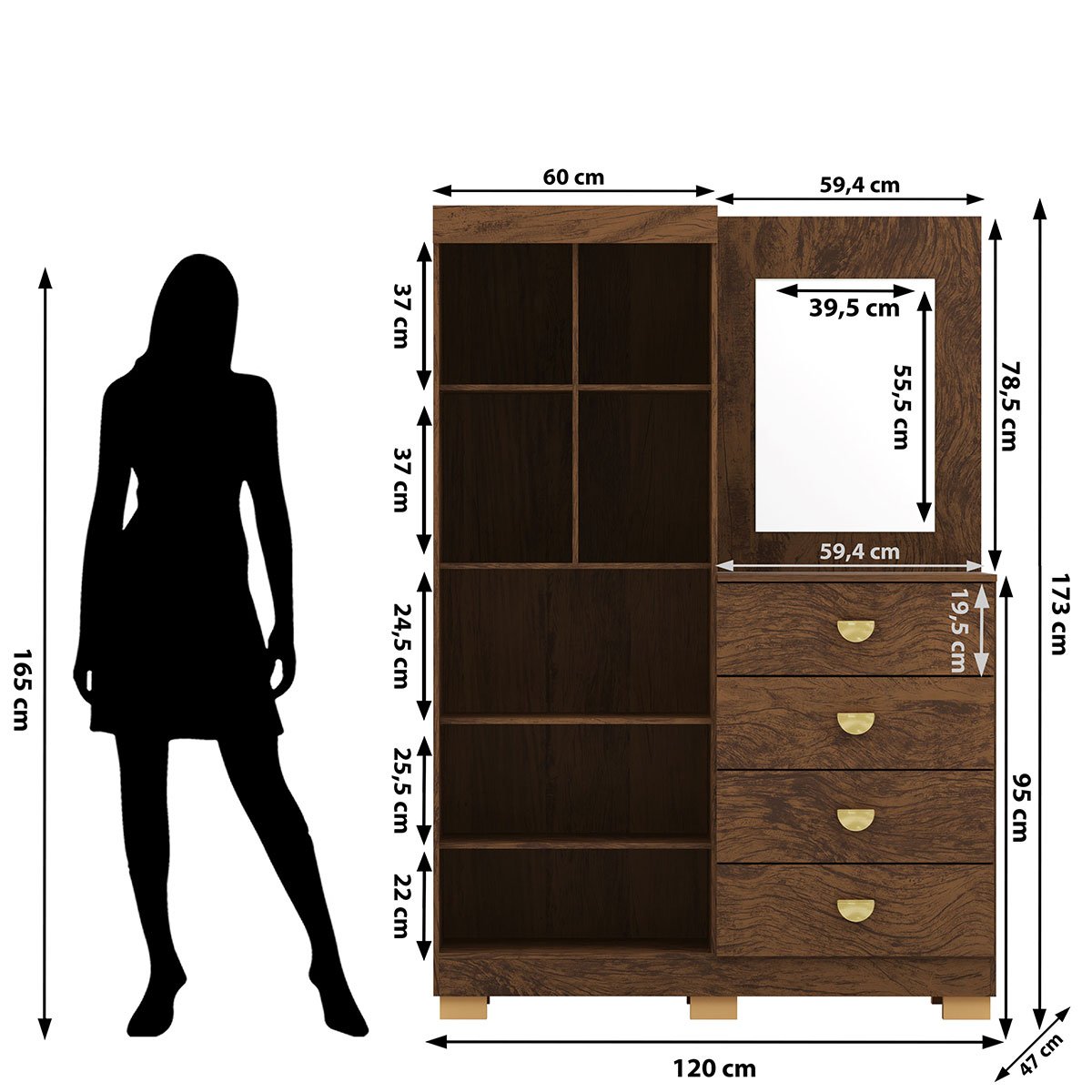 Cômoda Guarda-Roupa com 4 Gavetas e 5 Prateleiras com Espelho Cristine Imbuia