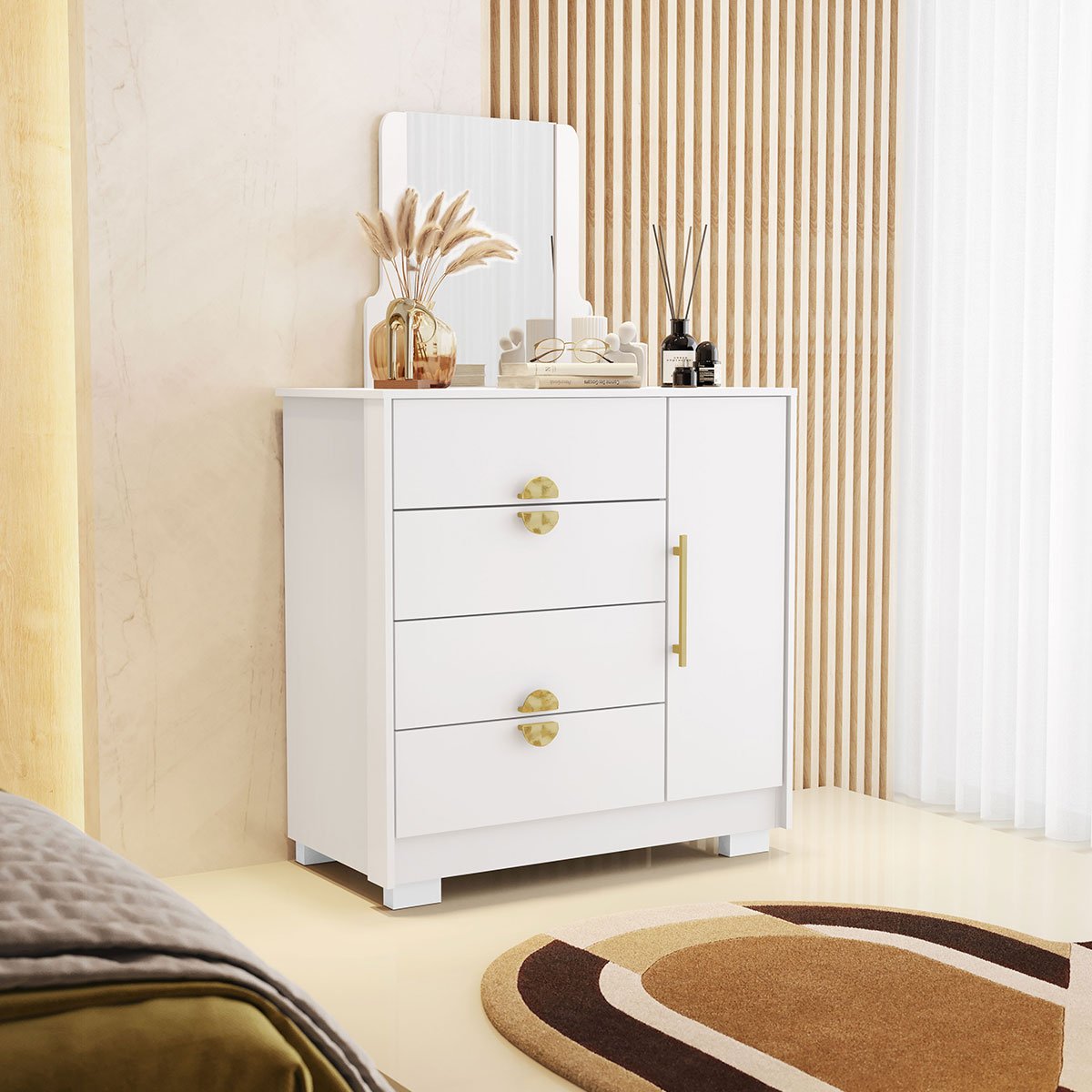 Cômoda Sapateira 4 Gavetas com Espelho Clarabella Branco/Camarim
