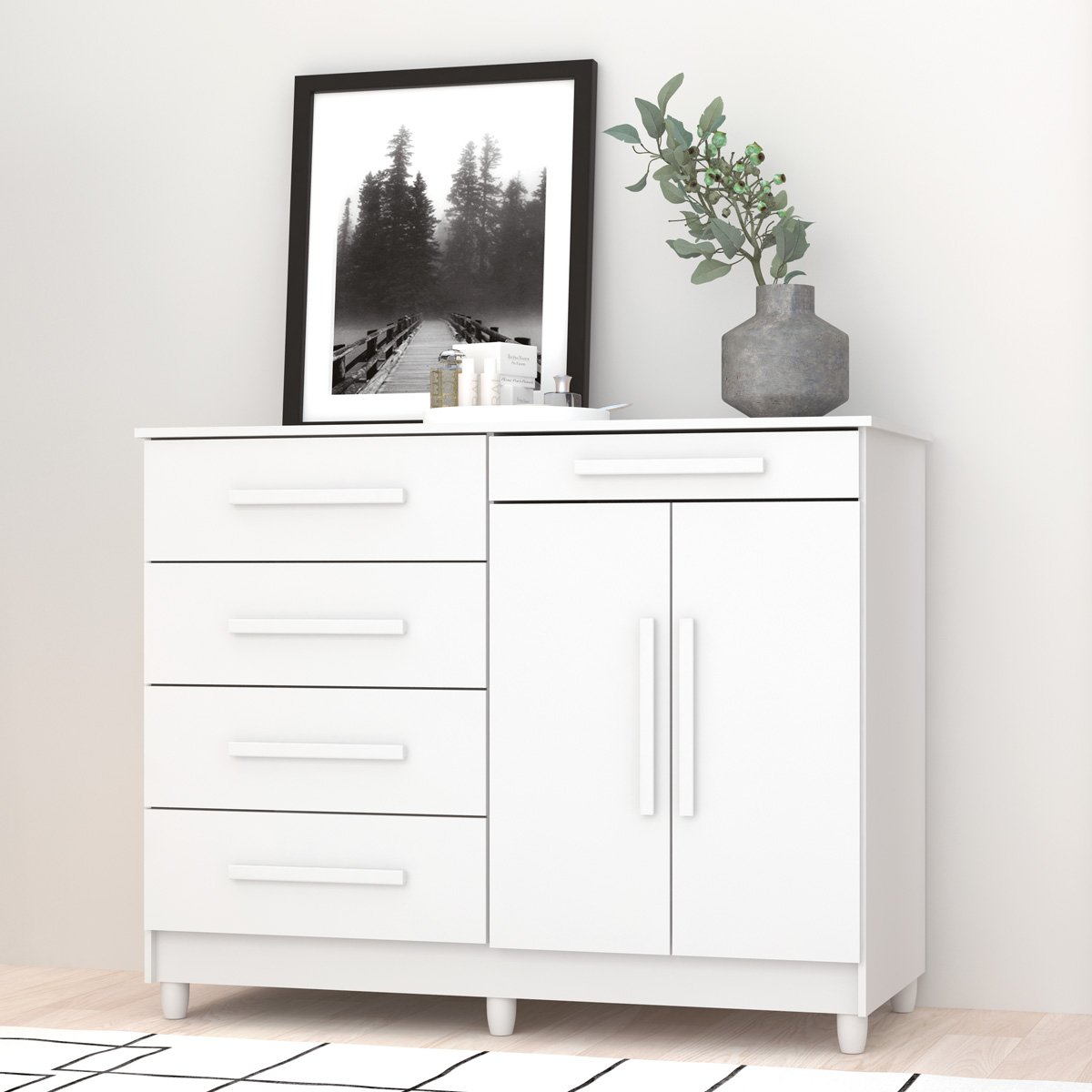Cômoda Sapateira Quarto 5 Gavetas 2 Portas MDP Sirios Branco