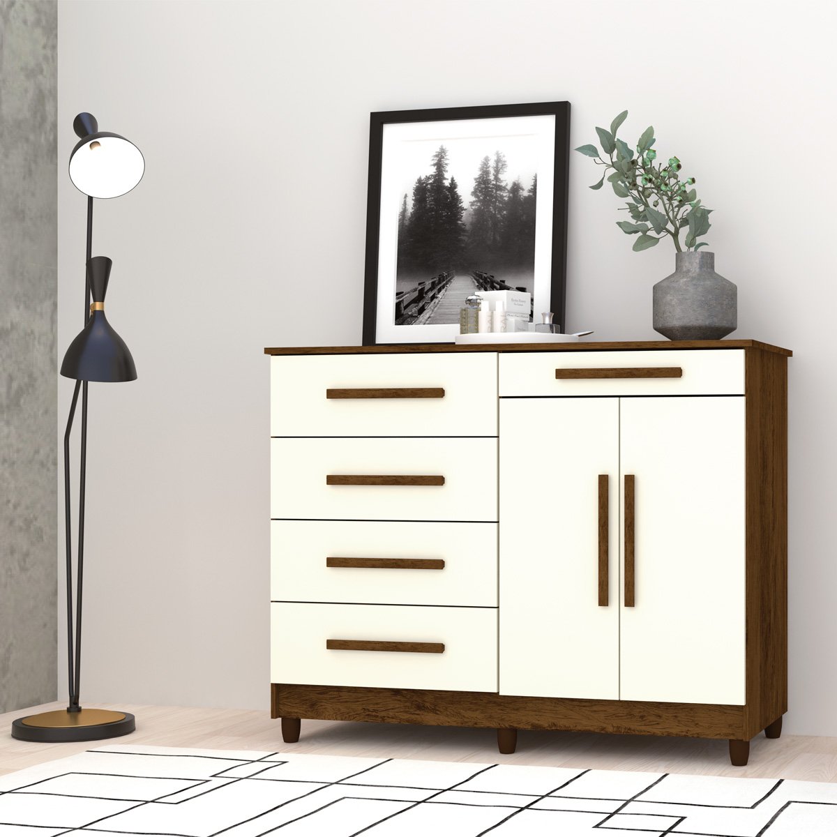 Cômoda Sapateira Quarto 5 Gavetas 2 Portas MDP Sirios Imbuia/Champanhe