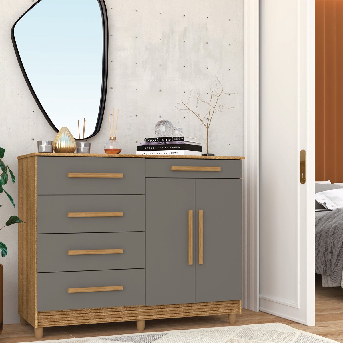 Cômoda Sapateira Quarto 5 Gavetas 2 Portas MDP Sirios Nature/Alasca