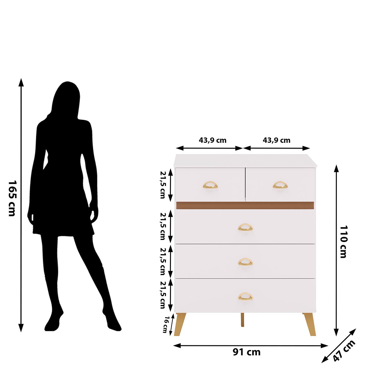 Cômoda para Quarto com 5 Gavetas MDP Zabi Branco/Camarim