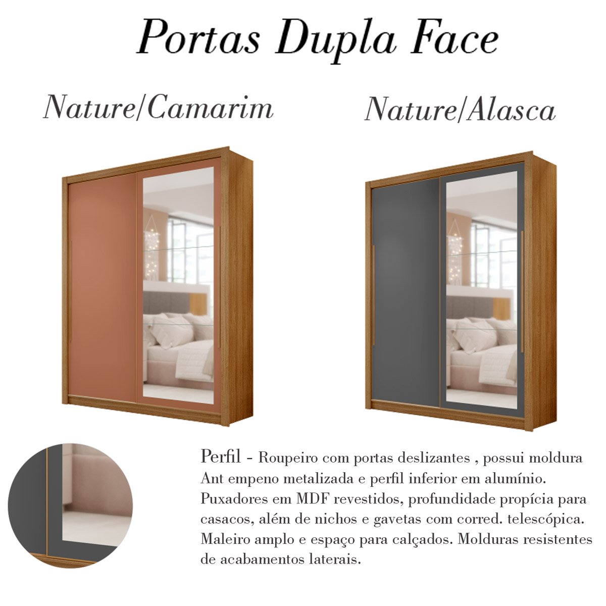 Guarda-Roupa 2 Portas de Correr Creta com Espelho Nature/Camarim