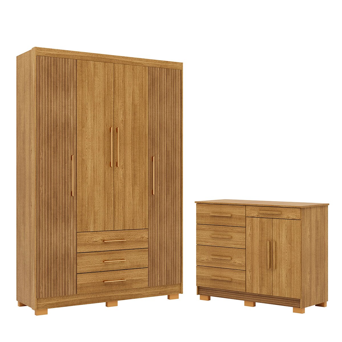 Guarda-Roupa 4 Portas e Cômoda Grande 5 Gavetas Ritom Nature/Brisa