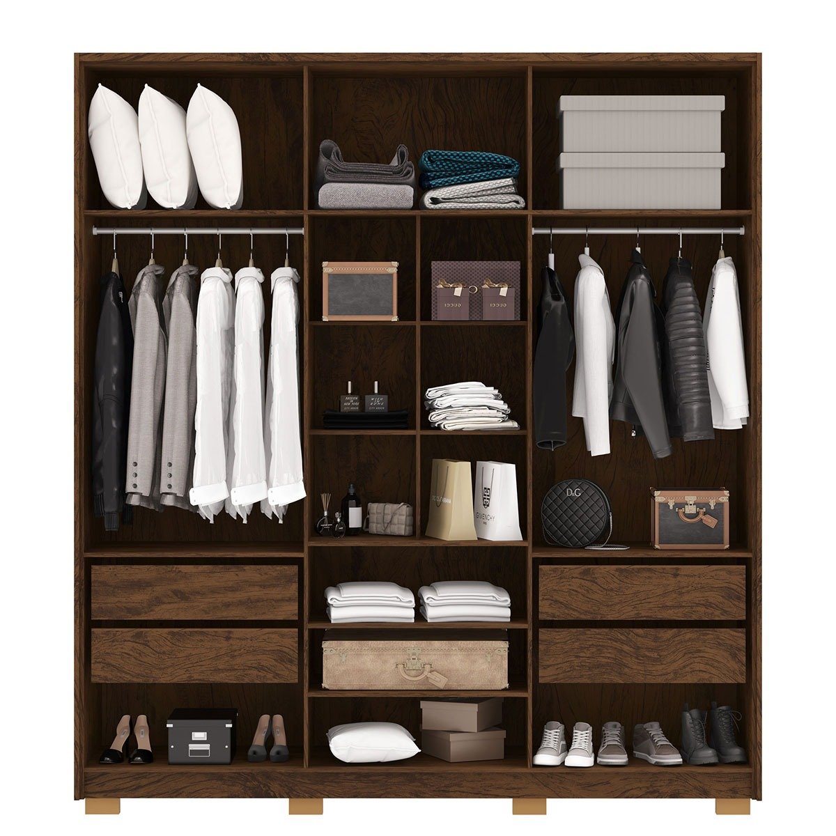 Guarda-Roupa 6 Portas 100% MDF e Cômoda Sapateira 4 Gavetas Spain Imbuia Fendi