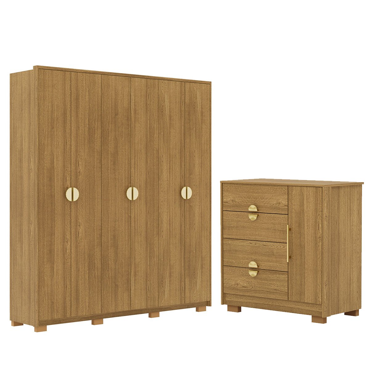 Guarda-Roupa 6 Portas 100% MDF e Cômoda Sapateira 4 Gavetas Spain Nature