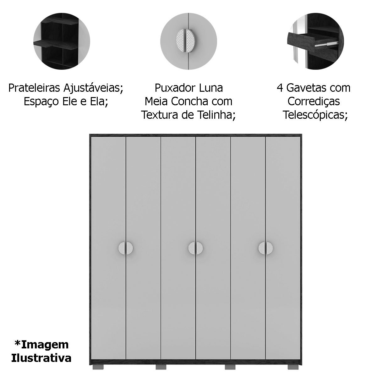 Guarda-Roupa 6 Portas 100% MDF e Cômoda Sapateira 4 Gavetas Spain Nature